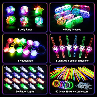 Mocoosy 103Pcs Glow in the Dark Party Supplies, Light Up Party Favors for Kids LED Neon Toys Bulk Party Pack With Glow Sticks,Led Glasses,Light Up Bracelets,Finger Lights,Jelly Rings and Headbands