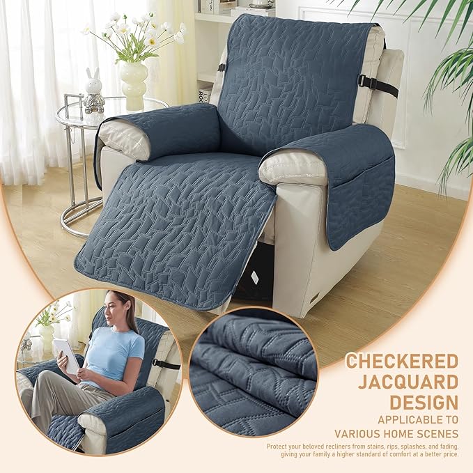 100% Waterproof Recliner Chair Covers for Reclining Chair, Small Recliner Covers That Stay in Place, Non-Slip Recliner Armchair Cover with Pockets for Kids, Pets, Dogs, Cat, Washable,Gray blue