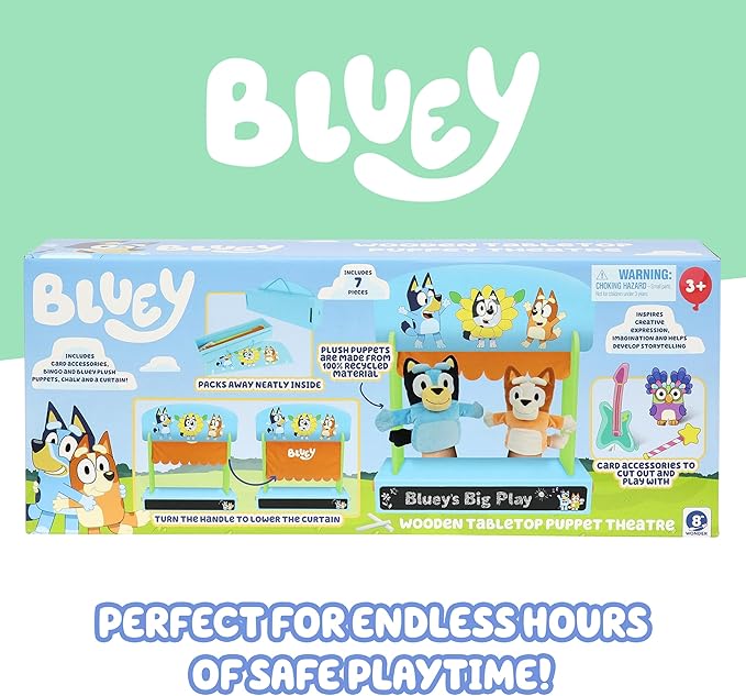 Bluey Wooden Puppet Theater for Kids Playset, 20" Kids Pretend Stage Puppets, Interchangeable Fabric Backdrops & Roll-Down Curtain