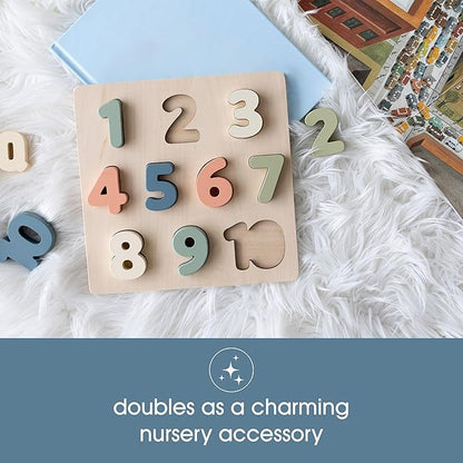 Pearhead Wooden 123 Numbers Puzzle, Colorful Preschool Counting Toy, Interactive Montessori Educational Learning Board, Gender Neutral Modern Baby and Toddler Gift for Boys or Girls