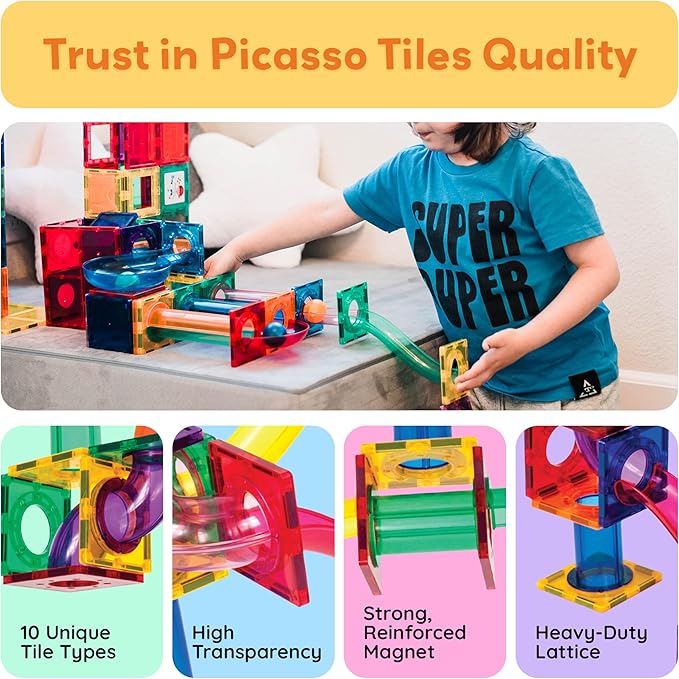 PicassoTiles 70 PCs Marble Run Maze Race Track Magnetic Tiles Magnet Building Block Educational Construction Toy Playset STEM Learning Kit Child Brain Development Hand Eye Coordination Training PTG70