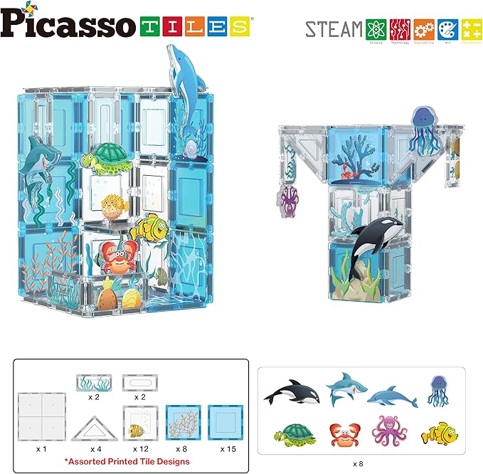 PicassoTiles Magnet Tiles Magnetic Building Blocks Aquarium Marine Animal Theme Set with 8 Character Action Figures Shark Crab Turtle STEM Toys Construction Preschool Toddlers Kids Boys Girls 3+ PTQ15