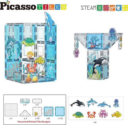 PicassoTiles Magnet Tiles Magnetic Building Blocks Aquarium Marine Animal Theme Set with 8 Character Action Figures Shark Crab Turtle STEM Toys Construction Preschool Toddlers Kids Boys Girls 3+ PTQ15