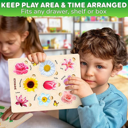 QUOKKA Wooden Puzzles for Toddlers 2-4 – 3X Set Montessori Toys Puzzles for Kids Ages 3-5 – Wood Educational Baby Game 12-18 Months – Gift Learning Mushrooms Flowers Leaves for Boy & Girl 3-5