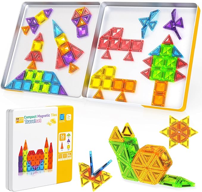 Mini Magnetic Tiles - 56 PCS Travel Magnetic Tiles with Tin, Micro Magnet Travel Toy for Kids Ages 3 4-8, STEM Educational Building Set Construction Toys, Boys Girls Toddlers Birthdays Gifts
