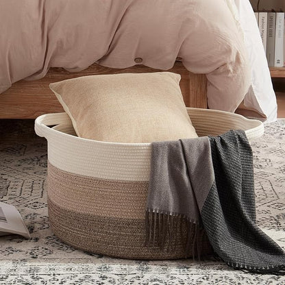 OIAHOMY 105L Blanket Basket for Living Room, Large Basket 23.6" x 23.6" x 14.6" with Handle, Laundry Hamper for Blankets, Pillows, Toy Storage for Kids, Dogs - Gradient Brown