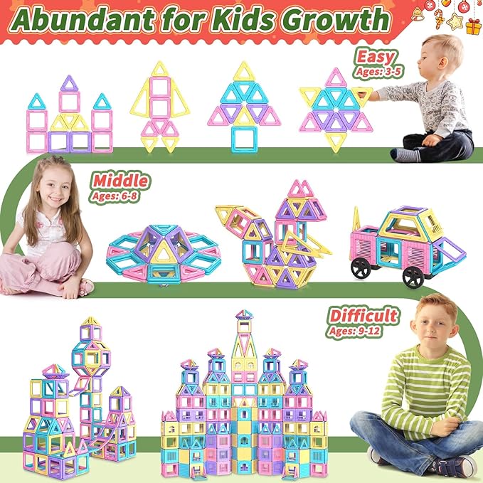 Rurvale 100Pcs Magnetic Tiles, Magnet Blocks for 3 4 5 6 7 8 Year Old Boys Girls, Learning Educational STEM Toys for Toddlers 3-5, 4-8, Building Blocks for Kids Ages 3+ Birthday Gifts