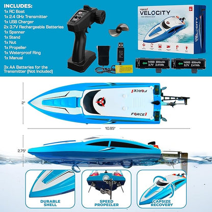 Force1 Velocity Blue Fast RC Boat- Remote Control Boats for Adults and Kids, Underwater Speed Racing Mini RC Boats for Pools and Lakes, 2.4GHZ Transmitter, 2 Rechargeable Batteries, Low Battery Alert