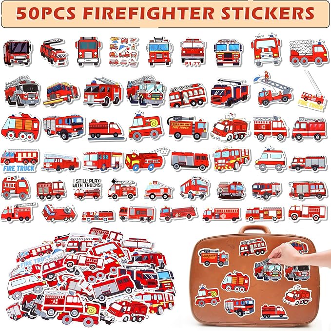 98 Firefighter Party Favors Fire Truck Birthday Supplies Straw Bubble Slap Bracelet Keychain Sticker Kid Boy Toy Accessories Fireman Party Decorations Gift Prize Goodie Bags Stuffers