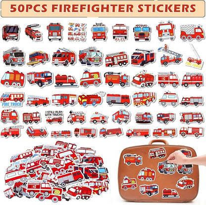 98 Firefighter Party Favors Fire Truck Birthday Supplies Straw Bubble Slap Bracelet Keychain Sticker Kid Boy Toy Accessories Fireman Party Decorations Gift Prize Goodie Bags Stuffers