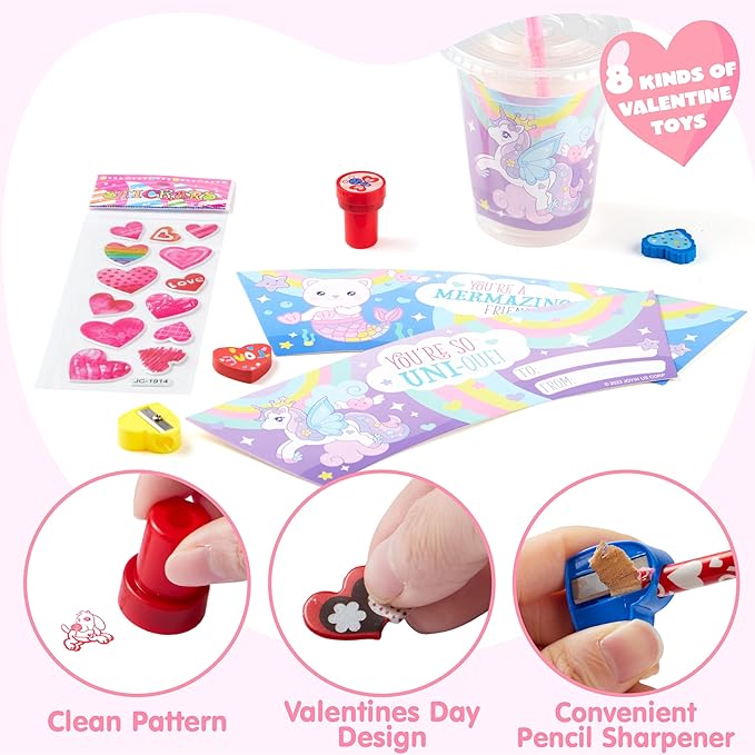 JOYIN 28 Packs Valentine's Day Stationery with Cup and Card, Exchange Gift for Kids with Pencils Stickers Erasers Stampers Sharpener, Holiday Reward Prizes