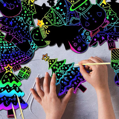 96Pcs Christmas Tree Snowman Scratch Paper Rainbow Color Scratch Ornaments Christmas Decorations Hanging Craft Art Kits with Wooden Stick and Ribbon for Kids Christmas Winter Party Favors