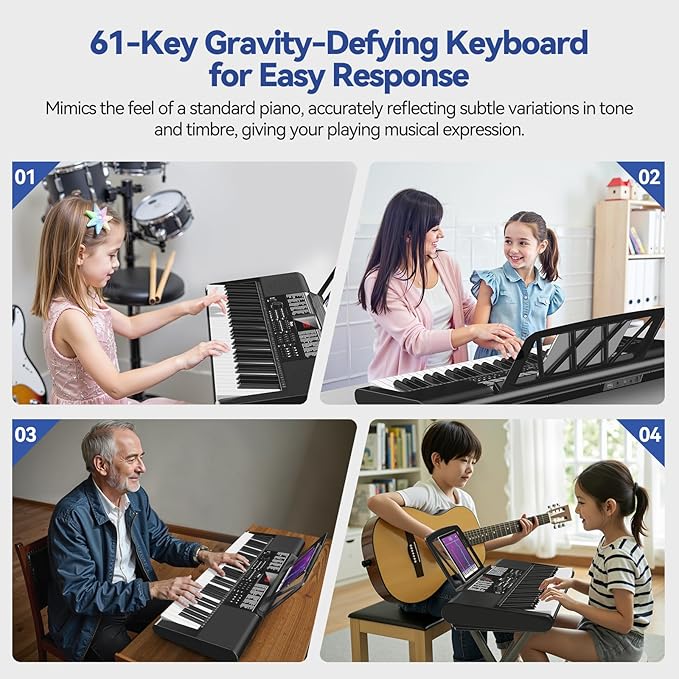 Keyboard Piano 61 Keys, Electric Piano Keyboard Kit with 255 Voices, 255 Rhythms, Powered by Power Adapter or Battery with LCD Display, Includes Sheet Music Stand, Piano Note Stickers, Earbuds (BLACK)