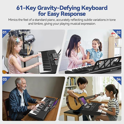 Keyboard Piano 61 Keys, Electric Piano Keyboard Kit with 255 Voices, 255 Rhythms, Powered by Power Adapter or Battery with LCD Display, Includes Sheet Music Stand, Piano Note Stickers, Earbuds (BLACK)