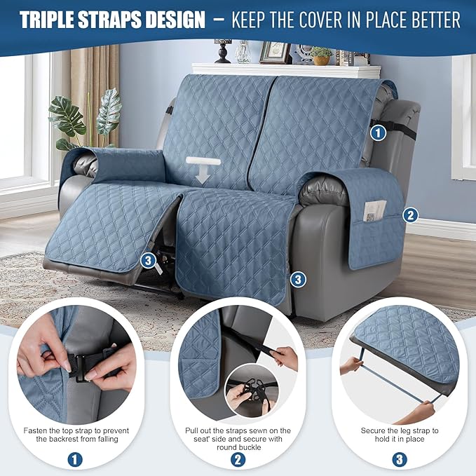 TAOCOCO 100% Waterproof Recliner Covers, Recliner Sofa Covers with Leg Straps, Reversible Recliner Couch Cover for Reclining Chair, Washable Couch Protector for Pets Kids(2 Seater, Sky Blue)