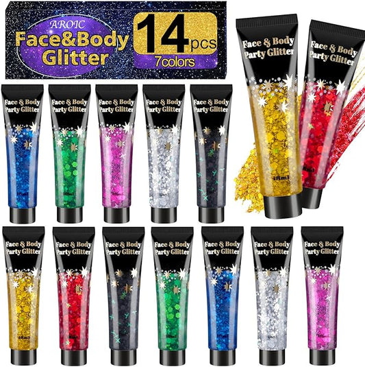 AROIC Face Glitter, 14Pcs St Patricks Day Accessories, Body & Hair Glitter Gel Sparkle Makeup Party Rave Outfits, Concerts Festival Face Paint，Rave Accessories Music Festivals Black Light Party