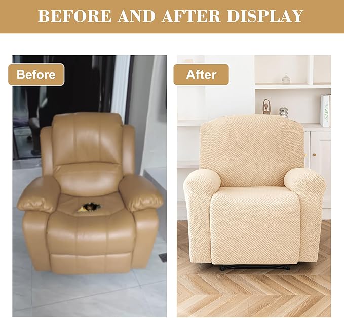 Jin Le 4 Pieces Recliner Cover Stretch Recliner Chair Cover - Reliner, Champagne 1 Seater Recliner Couch Covers Sofa Covers Jacquard Soft Furniture Protector with Elastic Bottom and Ties for Kids/Pets