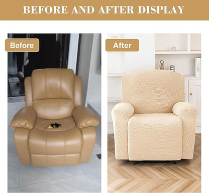 Jin Le 4 Pieces Recliner Cover Stretch Recliner Chair Cover - Reliner, Champagne 1 Seater Recliner Couch Covers Sofa Covers Jacquard Soft Furniture Protector with Elastic Bottom and Ties for Kids/Pets