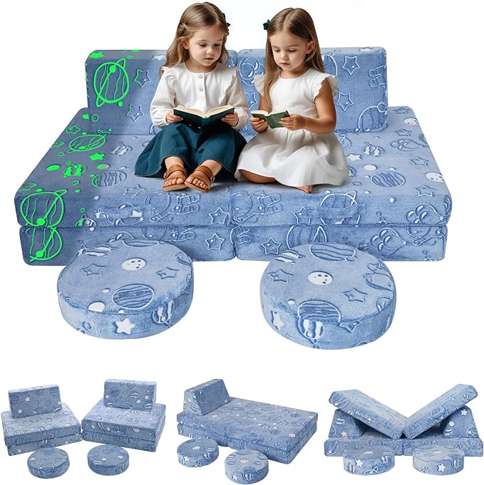 MeMoreCool Modular Glow Sofa for Kids, Space-Themed 8-Piece Convertible Foam Couch Play Set with Celestial Patterns for Toddlers and Playroom