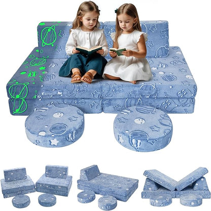 MeMoreCool Modular Glow Sofa for Kids, Space-Themed 8-Piece Convertible Foam Couch Play Set with Celestial Patterns for Toddlers and Playroom
