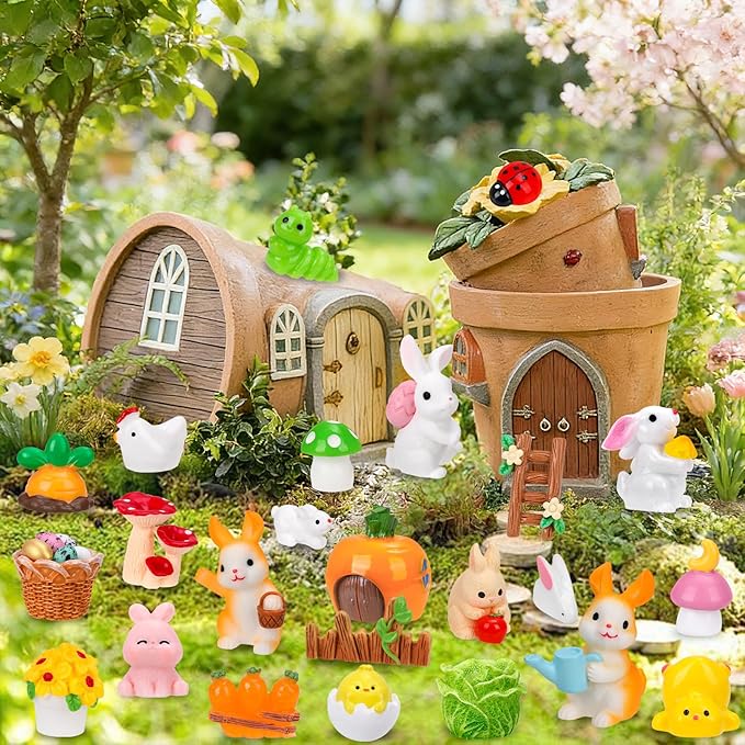 56 Pcs Easter Mini Resin Figures 56 Style Little Figures to Hide Tiny Small Bunny Chick Basket Carrot Bulk Miniature Figurines for Easter Egg Fillers Party Favors Fairy Garden Dollhouse Table Decor