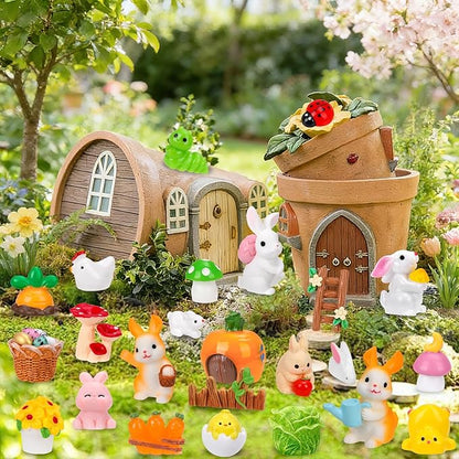 56 Pcs Easter Mini Resin Figures 56 Style Little Figures to Hide Tiny Small Bunny Chick Basket Carrot Bulk Miniature Figurines for Easter Egg Fillers Party Favors Fairy Garden Dollhouse Table Decor