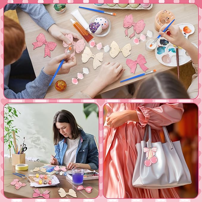 Saypacck 24 Pcs Party Favors Wooden Painting Craft Kits Wild West Party Supplies with Organza Bag for Rodeo Western Farm Barnyard Birthday Favors Goodie Bags Fillers(Bowknot Style)