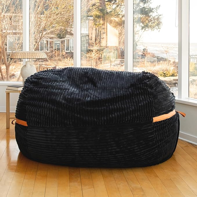 Big Joe Fuf XXL Foam Filled Bean Bag Chair with Removable Cover, Black Licorice Corded Plush, 6 feet Giant