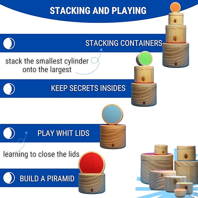 Montessori Wooden Stacking Boxes with Lids – Educational Toy for Toddlers – Fine Motor Skills & Sensory Development – Natural Wood Design – Cylindrical Stacking Set