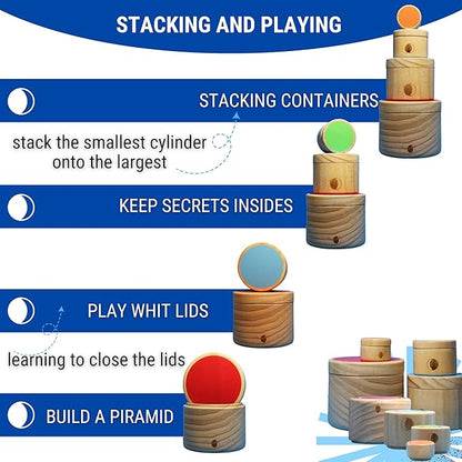 Montessori Wooden Stacking Boxes with Lids – Educational Toy for Toddlers – Fine Motor Skills & Sensory Development – Natural Wood Design – Cylindrical Stacking Set