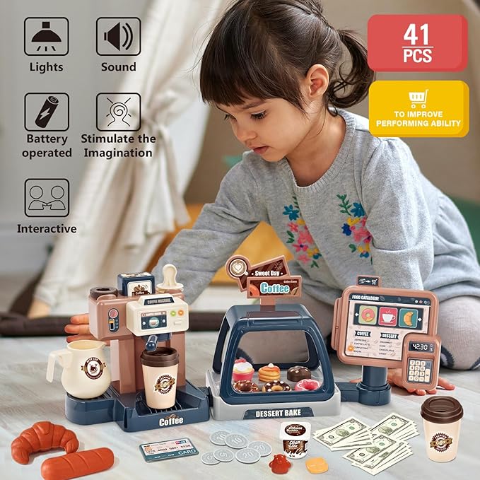 Pretend Role Play Toy Kids Coffee Maker Playset, ACROFEK Toy Coffee Maker with Sound Light, Play Coffee Maker Set for Kids with Fake Donuts (41PCS)