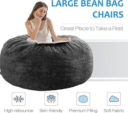 [Sherpa Cover] Large Bean Bag Chair: 4 ft Bean Bag Chairs for Adults/Kids with Filling,Ultra Soft Faux Fur Fabric,Memory Foam Bean Bag with Filler Included - 4 Foot,Dark Gray
