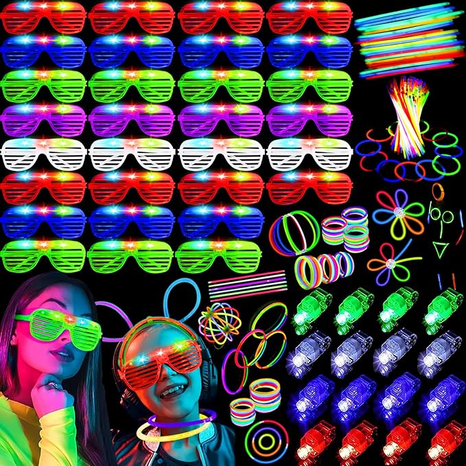 HHJ 190 PCS Glow in The Dark Party Supplies Glow Sticks Bulk Party Pack with 100 Glow Sticks 30 Led Glasses 60 Finger Lights Glow Party Favors for Kid Adult Birthday Wedding Concert 4th of July