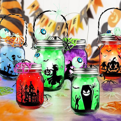 Shemira Halloween Craft Kit for Kids, 6 pcs Glass Mason Jar with Accessories for DIY Lantern Jar, Halloween Art & Craft Party Supplies, Halloween Art Activities,Halloween Craft and Art Party Supplies