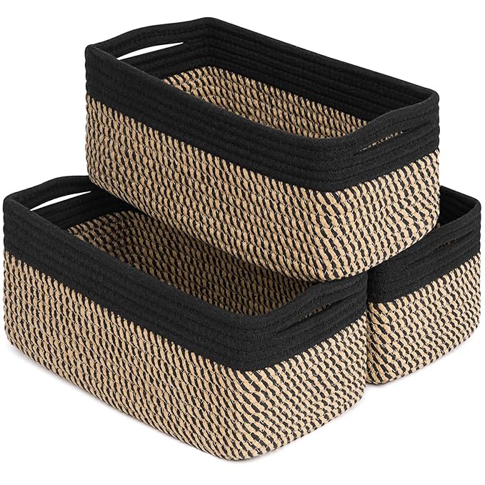Goodpick Storage Baskets, Shelf Baskets for Organizing Dog Toy Basket Closet Organizer Bins Nursery Woven Basket for Storage Cube Decorative Box 3 Pack, Black & Jute, 13 x 8 x 5 in