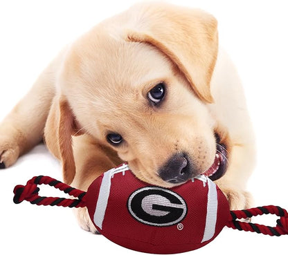 Pets First NCAA Georgia Bulldogs Football Dog Toy, Tough Quality Nylon Materials, Strong Pull Ropes, Inner Squeaker, Collegiate Team Color