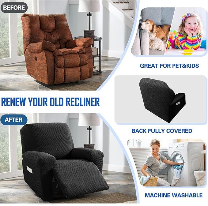 MAXIJIN Recliner Cover Slipcovers for Living Room 4 Pieces Stretch Jacquard Recliner Chair Cover Soft Fitted Recliner Protector with Elastic Bottom for Kids, Pets (Recliner, Black)