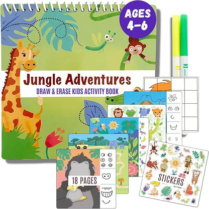 Kids Small Size Travel Educational Activity Book with Washable Markers (7"x7") - Car and Airplane Activities, Learning Toys for Toddlers - Search and Find, Reusable Stickers for Ages 4, 5, 6 (Jungle)