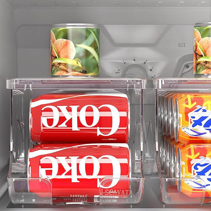 SCAVATA 4 Pack Stackable Refrigerator Organizer, Soda Can Dispenser Pop Cans Container Beverage Holder with Lid for Fridge, Freezer, Kitchen, Clear Plastic Storage Bins-Holds 10 Cans Each