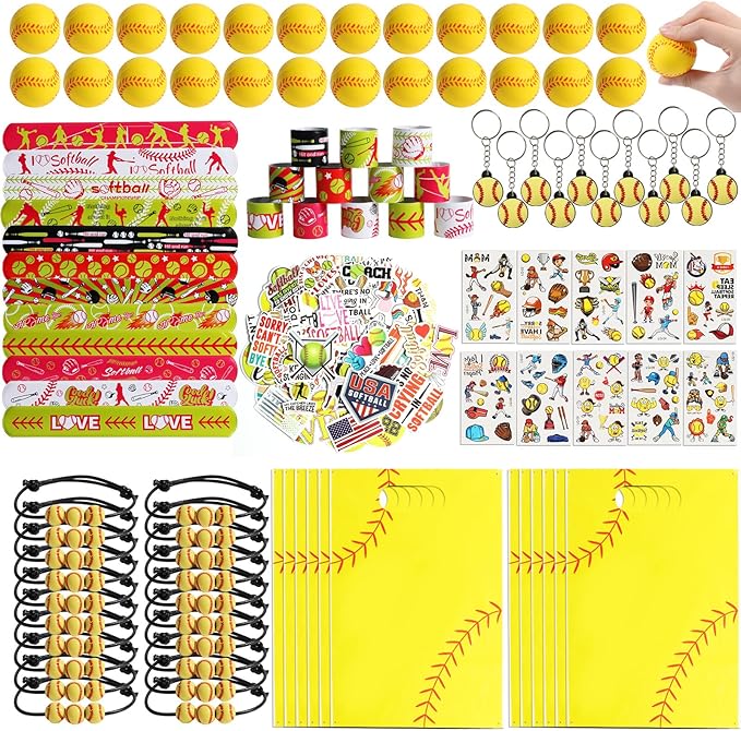 295 Pieces Softball Party Favors Supplies Set Bulk Mini Softball Slap Bracelet Tattoo Sticker Keychain Adjustable Bracelet Goodie Bag Fillers for Sports Softball Party Gifts Bags (Softball)
