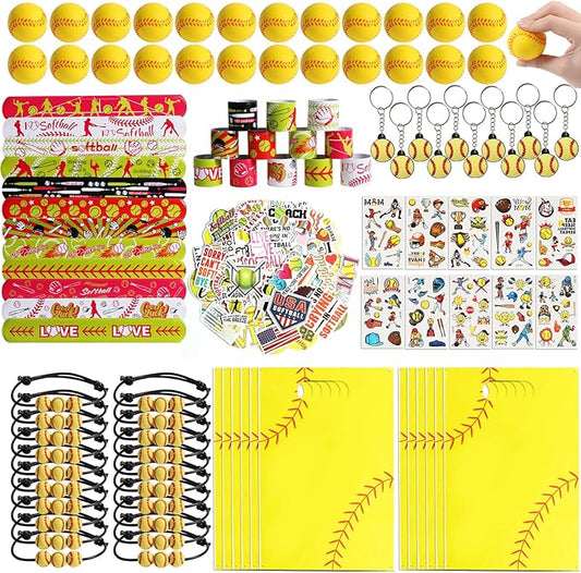 295 Pieces Softball Party Favors Supplies Set Bulk Mini Softball Slap Bracelet Tattoo Sticker Keychain Adjustable Bracelet Goodie Bag Fillers for Sports Softball Party Gifts Bags (Softball)