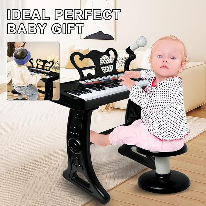 Love&Mini Piano Toy for Kids - 37 Keys Piano Keyboard Toy with Stool and Microphone, Black Electronic Musical Instrument Birthday Gift for Kids 3 4 5 6 7 8 Years Old Boys and Girls
