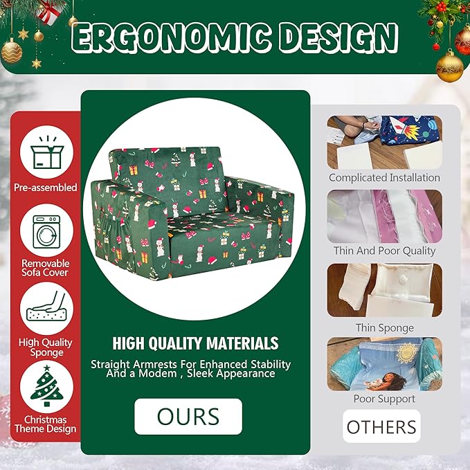 MallBest 2-in-1 Kids Christmas Sofa, Comfy Toddler Couch Bed, Baby's Upholstered Chair Sleepover Kid Couch Flipout Open Recliner for Bedroom
