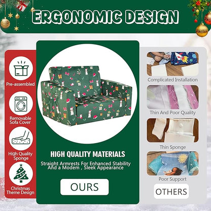 MallBest 2-in-1 Kids Christmas Sofa, Comfy Toddler Couch Bed, Baby's Upholstered Chair Sleepover Kid Couch Flipout Open Recliner for Bedroom