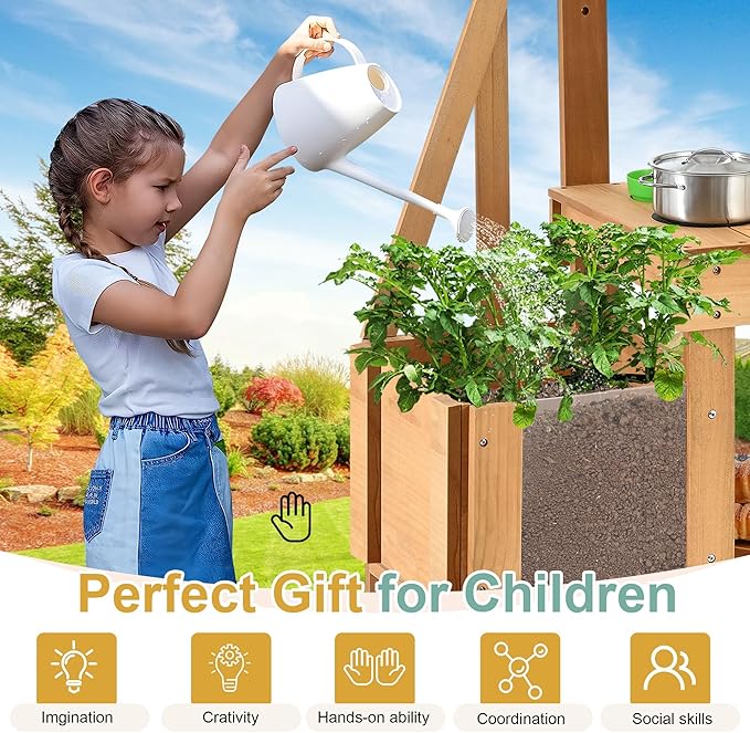 Mud Kitchen for Kids Outdoor, Wood Outdoor Kitchen with Planter Box, Toddler Play Kitchen with Sink, Faucet, Blackboard, Water Cup and Kitchen Accessories for Kids
