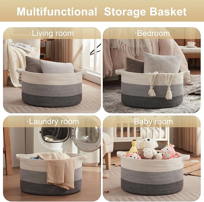 OIAHOMY 90L Blanket Basket for Living Room, Large Basket 23" x 23" x 13" with Handle, Laundry Hamper for Blankets, Pillows, Toy Storage for Kids, Dogs - Gradient Grey