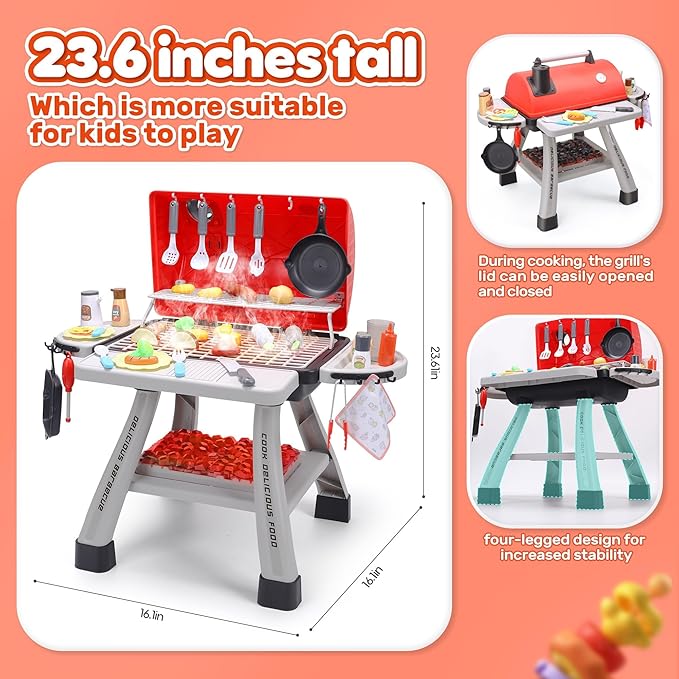 CUTE STONE Kids BBQ Grill Playset, Kitchen Toy Set, Realistic Smoke, Sound & Light,Kitchen Grill Playset,Toy Kitchen Accessories, Indoor Outdoor Interactive Pretend Play Toys for Boys Girls, 23.6" H