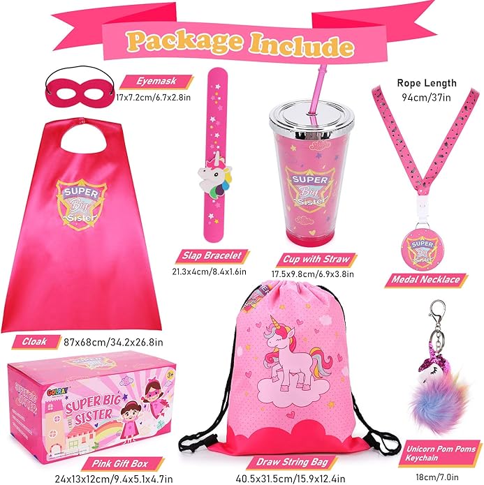 Golray Super Big Sister Gifts Set with Superhero Cape Eyemask Unicorn Slap Bracelets Necklace, Drawstring Backpack, Unicorn Keychain, Insulated Plastic Tumbler Cup Big Sister Gifts for Little Girls