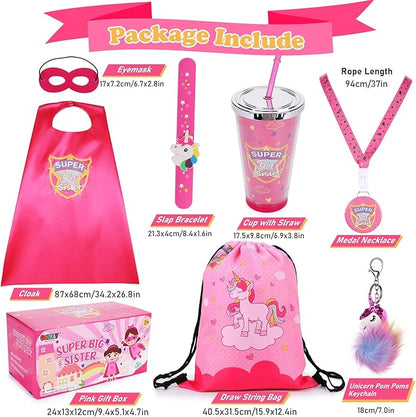 Golray Super Big Sister Gifts Set with Superhero Cape Eyemask Unicorn Slap Bracelets Necklace, Drawstring Backpack, Unicorn Keychain, Insulated Plastic Tumbler Cup Big Sister Gifts for Little Girls