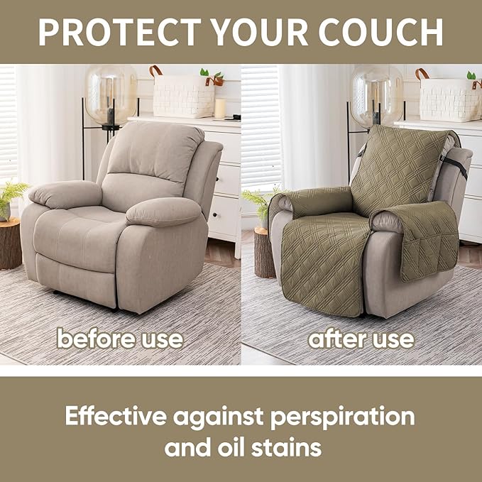 Easehomey 100% Waterproof Recliner Chair Covers, Non Slip Dog Chair Cover Furniture Protector Washable Chair Cover with Pocket, Elastic Straps for Kids,Pets,Dogs (Khaki, 23.6")